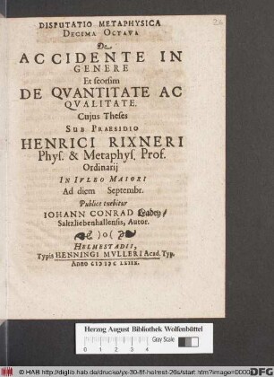 Disputatio Metaphysica Decima Octava De Accidente In Genere Et seorsim De Quantitate Ac Qualitate
