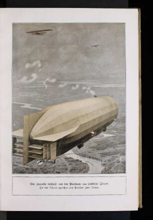 Ein Zeppelin beschießt von der Plattform aus feindliche Flieger. : Für das Daheim gezeichnet von Professor Zeno Diemer.