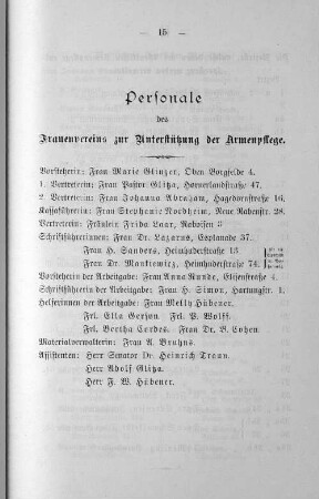 Personale des Frauenvereins zur Unterstützung der Armenpflege.
