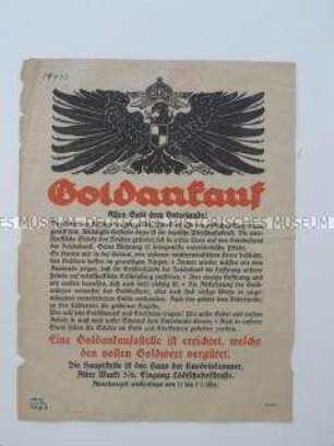 Flugblatt mit dem Aufruf zum Verkauf von Gold und Schmuckwaren für die Kriegsfinanzierung