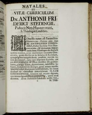 Natales Et Vitæ Curriculum Dn. Anthonii Friderici Stedingii, Pastoris Neo-Hannoverani, S. Theologiæ Candidati