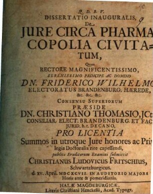 Dissertatio Inauguralis, De Iure Circa Pharmacopolia Civitatum