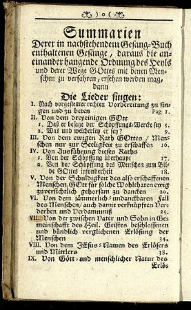 Summarien Derer in nachstehendem Gesang-Buch enthaltenen Gesänge,...