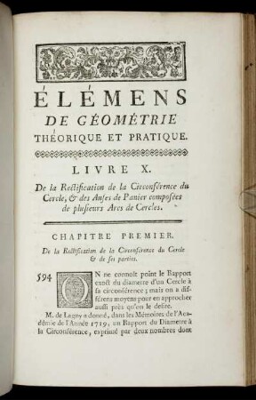Livre X. De la Recctification de la Circonférence du Cercle, & des Anses de Panier composées de plusieurs Arcs de Cercles.