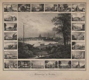 Ansichten von Dresden, Lithographie, um 1840 : Arldt, Carl Wilhelm : Erinnerung an Dresden / lith. v. C. W. Arldt. - Dresden : E. Pietzsch ; Dresden : E. Pietzsch , [ca. 1840]. - 23 Ansichten auf 1 Kunstbl. : Lithogr. ; Gesamtgr. 45 x 37 cm
