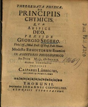 Theoremata Physica, De Principiis Chymicis