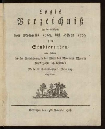 1768/69: Verzeichniß der Studirenden auf der Georg-August-Universität zu Göttingen