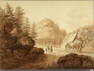 Der Berg Oybin im Zittauer Gebirge mit Ruine, im Vordergrund ein strohgedecktes Umgebindehaus