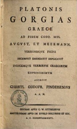 Platonis Gorgias : Graece Ad Fidem Codd. Mss. August. Et Meermann