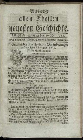 LII. Nachlese. Coburg, den 30. Dec. 1753.