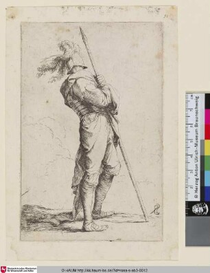 [A standing warrior holding a spear, his face turned to the background; Ein stehender Krieger, der einen Speer hält und sein Gesicht zum Hintergrund wendet]