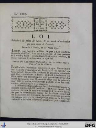 Loi Relative à la peine de mort, et au mode d'exécution qui sera suivi à l'avenir.