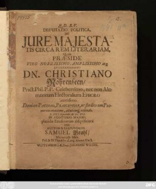Disputatio Politica, De Iure Maiestatis Circa Rem Literariam