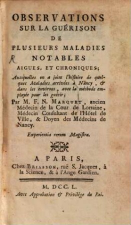 Observations sur la guérison de plusieurs maladies