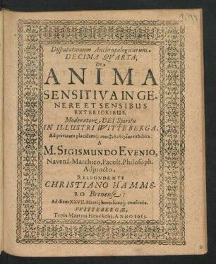 Disputationum Anthropologicarum Decima Quarta, De Anima Sensitiva In Genere Et Sensibus Exterioribus