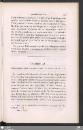 Chapitre XV. Établissement d'une filature. - Prix de revient du travail