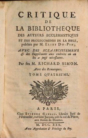 Critique de la bibliothèque des auteurs ecclésiastiques et des prolégomenes de la bible, 4