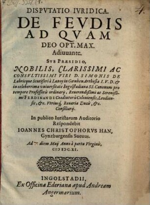 Dispvtatio Ivridica. De Fevdis