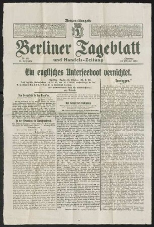 Zwei Gedichte. Von Fritz v. Unruh. "In der Kirche von Roye"; ""Meinen deutschen Meistern". [erschienen in: Berliner Tageblatt, 20.10.1914, Nr. 533. ]
