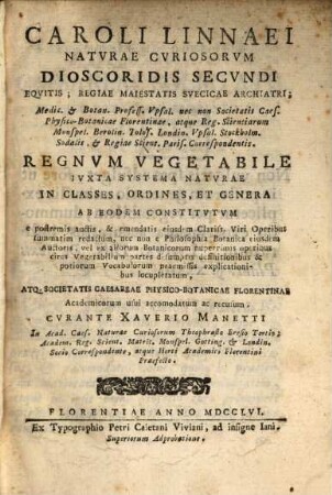 Regnum vegetabile iuxta systema naturae in classes, ordines et genera constitutum