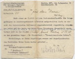 Schreiben des Zentral-Nachweise-Amtes für Kriegerverluste und Kriegergräber an die Mutter eines deutschen Offiziers mit Nachrichten aus sowjetischer Kriegsgefangenschaft