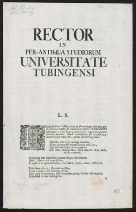 Rector In Per-Antiqua Studiorum Universitate Tubingensi L. S.