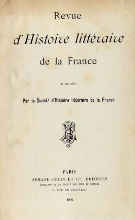 [1er année (1894)]: Revue d'histoire littéraire de la France