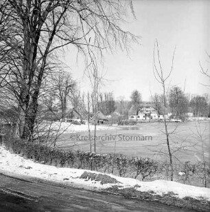 Jersbeker Teich: vorn Jersbeker Straße: links Bäume: im Hintergrund Gebäude des Gutes Jersbek: Winter