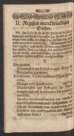 II. Register merckwürdiger Sachen.