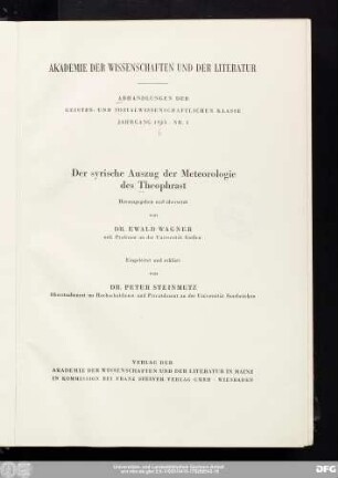 Der syrische Auszug der Meteorologie des Theophrast