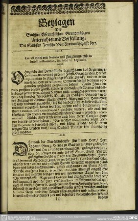 Beylagen Des Sachßen Eisenachischen Grundmäßigen Unterrichts und Vorstellung, Die Sachßen Jenische MitVormundschafft betr.