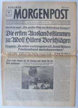 Tageszeitung "Berliner Morgenpost" zu den "Friedensbemühungen" Hitlers nach der Kapitulation Polens