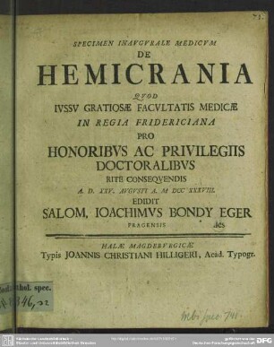 Specimen Inaugurale Medicum De Hemicrania