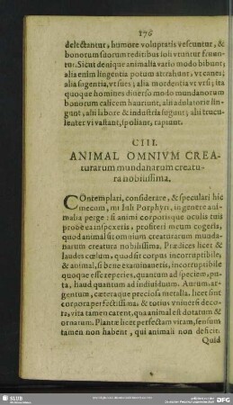 CIII. Animal. Omnium Creaturarum mundanarum creatura nobilissima