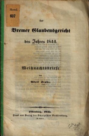 Das Bremer Glaubensgericht des Jahres 1844 : Weihnachtsbriefe