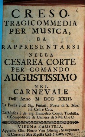 Creso : Tragicomedia per musica ... nel Carnevale 1723