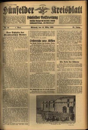 Erste Ausgabe vom Mittwoch, den 16. März 1938.