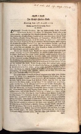 Im Reichs-Fürsten-Rath. Freytag den 13ten Augusti 1773. Meldete am Directorial-Tische stando in circulô