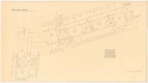 Gartenanlage Evangelische Volksschule am Burgfeld, Neviges: Schulgebäude, Verwaltungstrakt: Grundriss Kellergeschoss und nördlicher Klassentrakt: Grundriss Obergeschoss 1:100