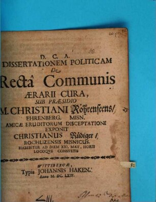 Dissertationem politicam de recta communis aerarii cura