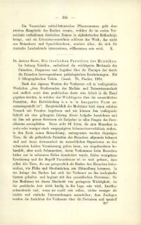 Arnold Brass: Die tierischen Parasiten der Menschen. Cassel, 1884