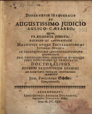 Diss. de augustissimo iudicio aulico-caesareo