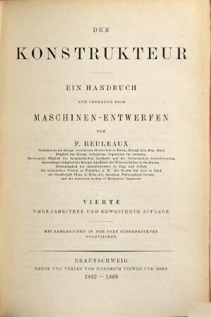 Der Konstrukteur : ein Handbuch zum Gebrauch beim Maschinen-Entwerfen ; mit zahlreichen, in den Text eingedruckten Holzstichen