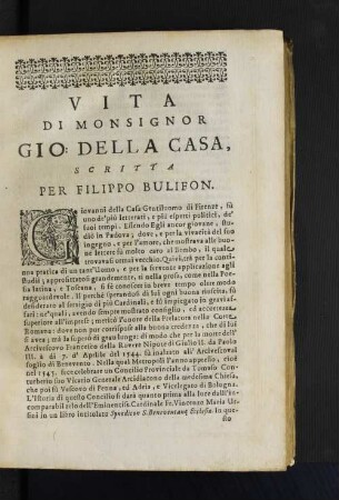 Vita di monsignor Gio Della Casa, scritta per Filippo Bulifon.