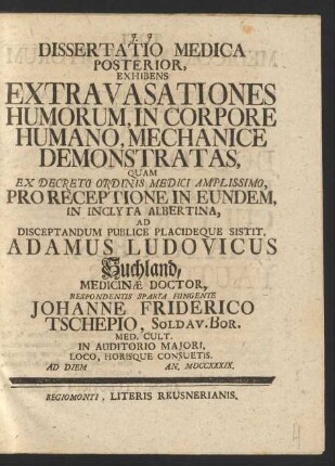 Dissertatio Medica Posterior, Exhibens Extravasationes Humorum, In Corpore Humano, Mechanice Demonstratas