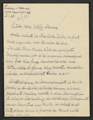 Brief an Willy Strecker und B. Schott's Söhne : 05.01.1923