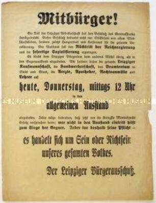 Aufruf des Leipziger Bürgerausschusses zum Protest gegen den von Leipziger Arbeitern ausgerufenen Generalstreik