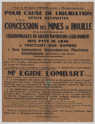 "POUR CAUSE DE LIQUIDATION VEUTE DEFINITIVE 1% De la CONCESSION DES MINES DE HOUILLE"