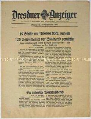Nachrichtenblatt "Dresdner Anzeiger" mit Meldungen des Oberkommandos der Wehrmacht und des italienischen Oberkommandos u.a. zur Schlacht um Stalingrad