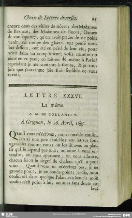 Lettre XXXVI. La même A M. De Coulanges. A Grignan, le 26. Avril, 1695